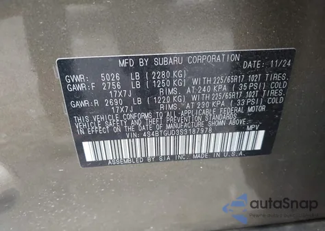 2025 Subaru Outback Wilderness from USA, damaged, VIN 4S4BTGUD3S3187978